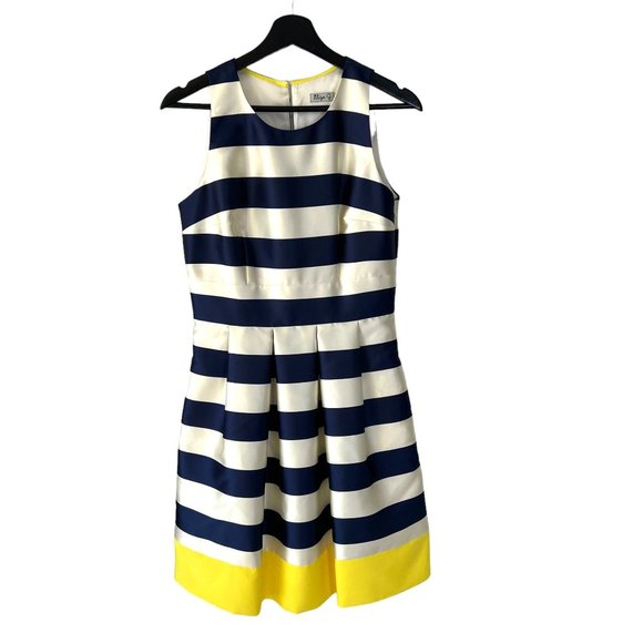 Eliza J Blue White Yellow Stripe Sleeveless Fit Flare Knee Length Dress 6 - Picture 1 of 12